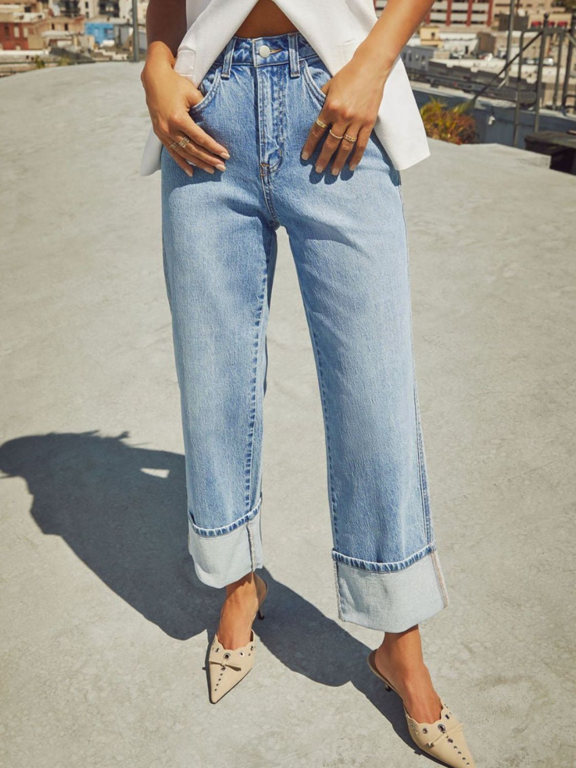 High Waisted Straight Leg Rolled Jeans