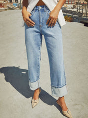 High Waisted Straight Leg Rolled Jeans