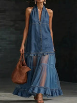 Full Size Halter Neck Dress with Sheer Tulle Ruffle Hem Plus Size