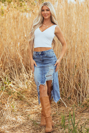 Alexis Irregular Distressed Bottom Denim Midi Skirt