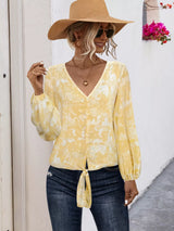 V-Neck Long Sleeve Tie-Front Blouse