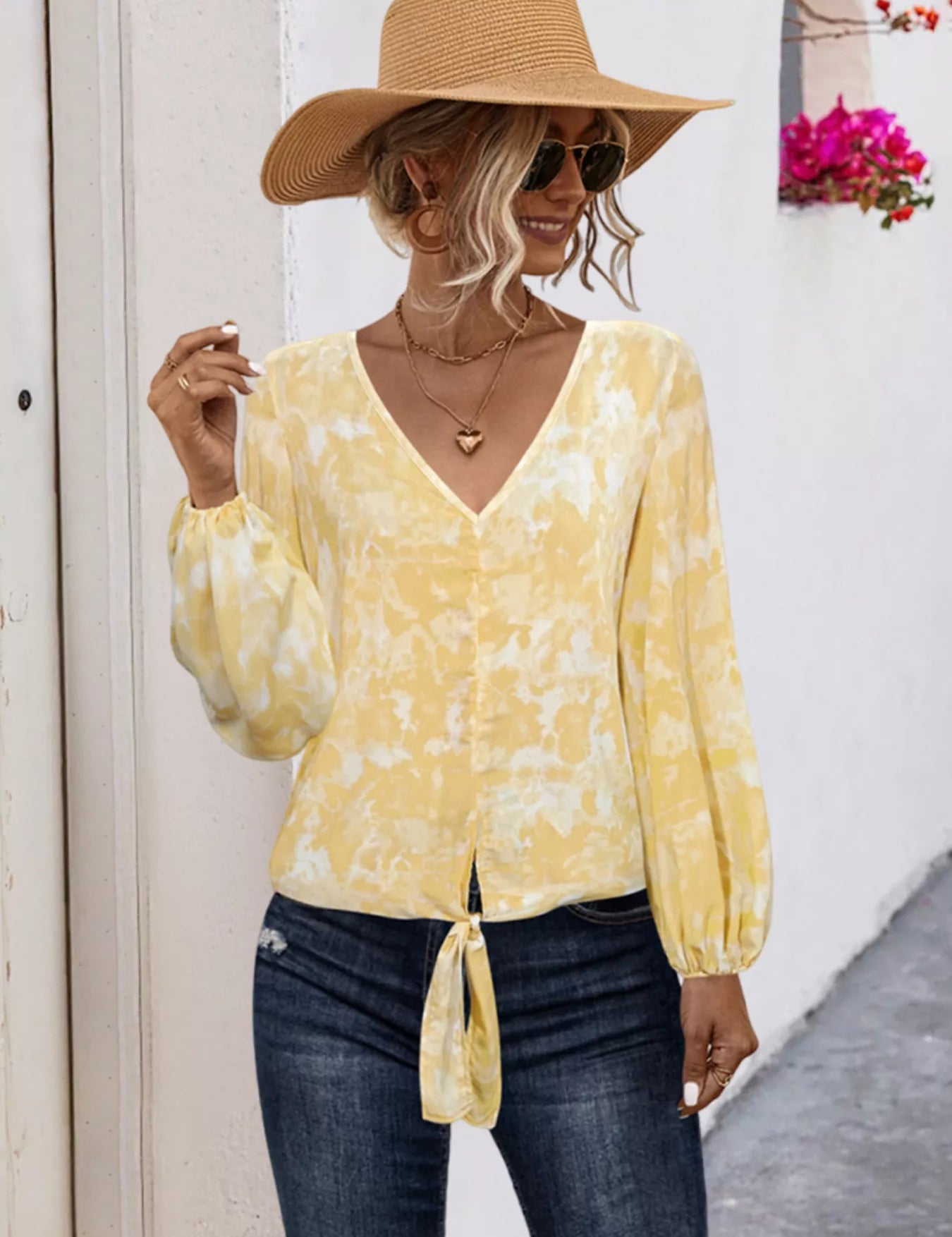 V-Neck Long Sleeve Tie-Front Blouse