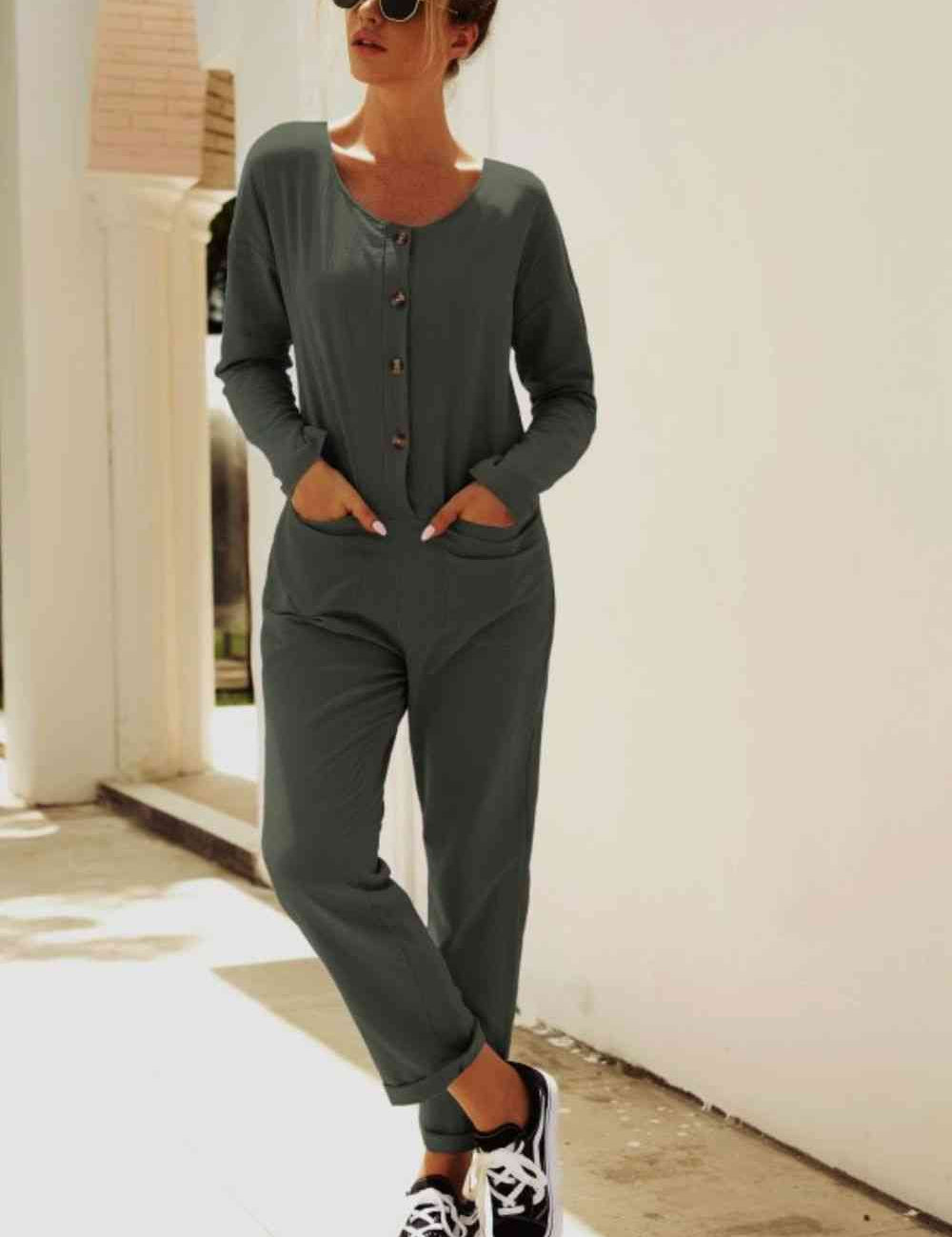 Buttoned Drop Shoulder Pocket Jumpsuit