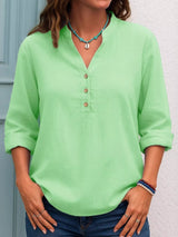 Full Size Button Detail Notched Long Sleeve Blouse Plus Size