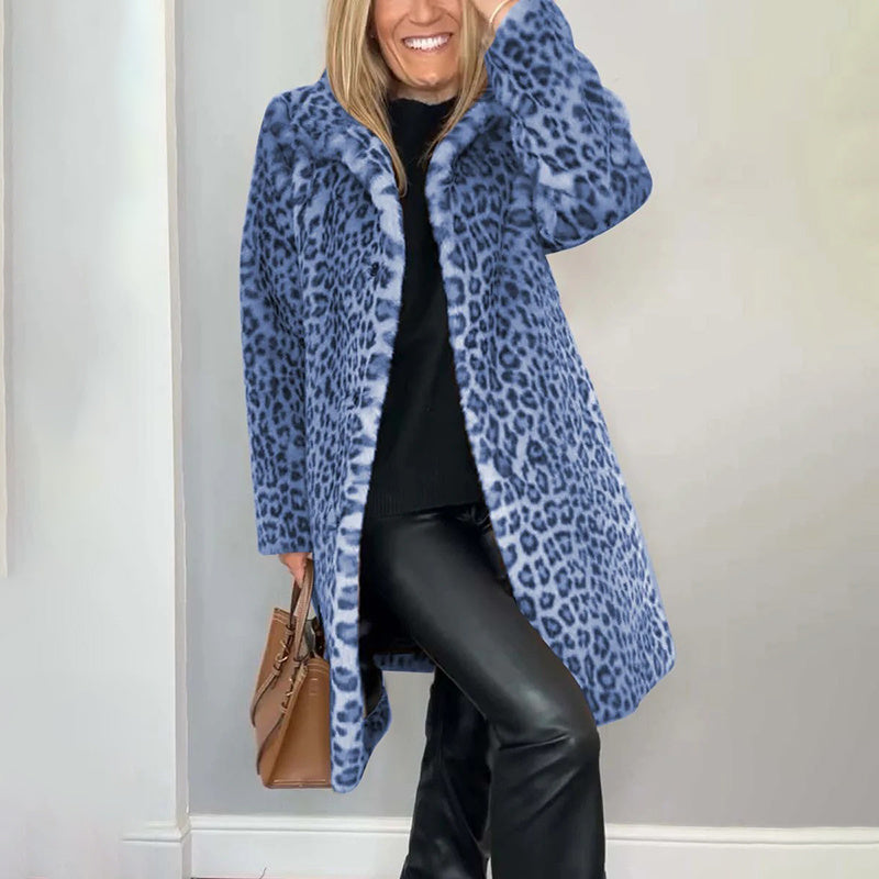 Leopard Print Plush Jacket — Cozy Loose-Fit Mid-Length Outwear