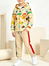 Children's Cartoon Animal Print Zip-Up Hoodie and Pants Set