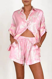 Printed Collared Neck Top and Shorts Set