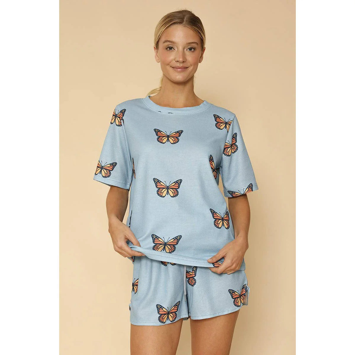 Miss Sparkling Waffle Fabric Printed Matching Shorts Set