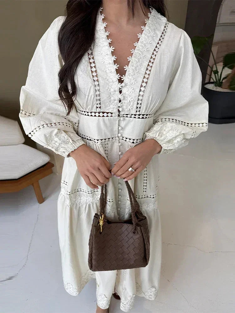 Lace Patchwork Hollow Out Long Lantern Sleeve Dress