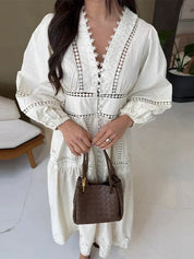Lace Patchwork Hollow Out Long Lantern Sleeve Dress