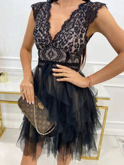 Lace V-Neck Ruffle Dress
