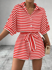Tie Waist Half Button Striped Romper