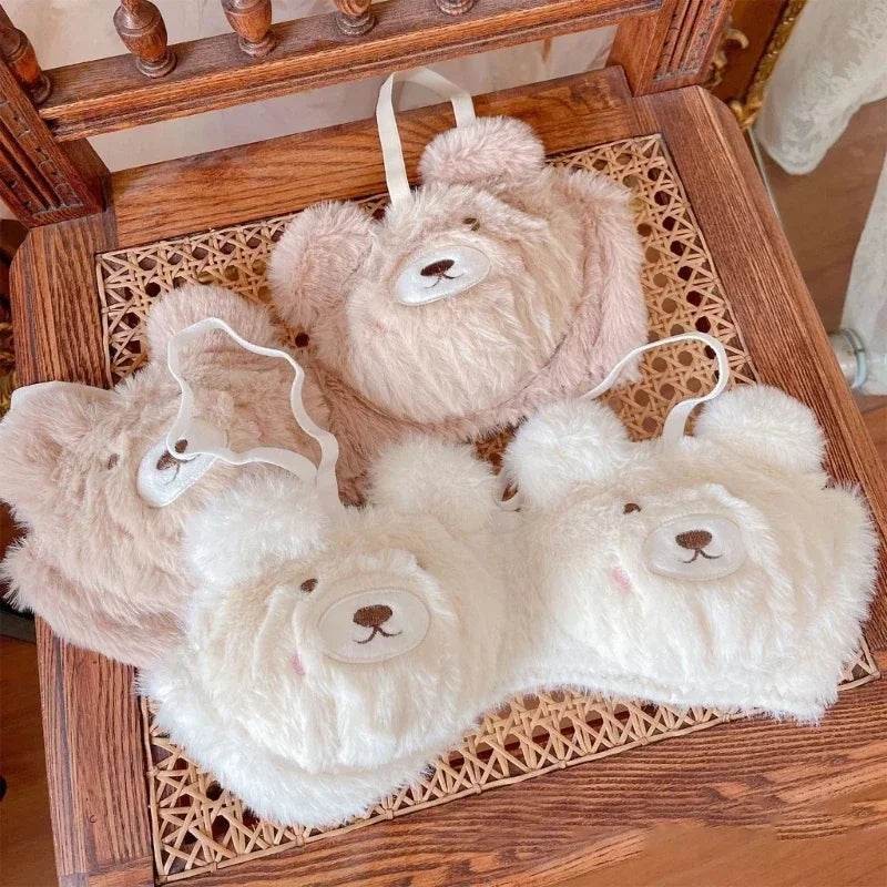 2Pcs Furry Bra and Panty Set – Fuzzy Bear Pattern