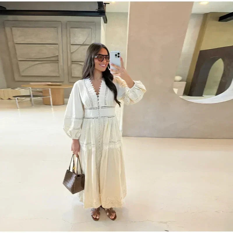 Lace Patchwork Hollow Out Long Lantern Sleeve Dress