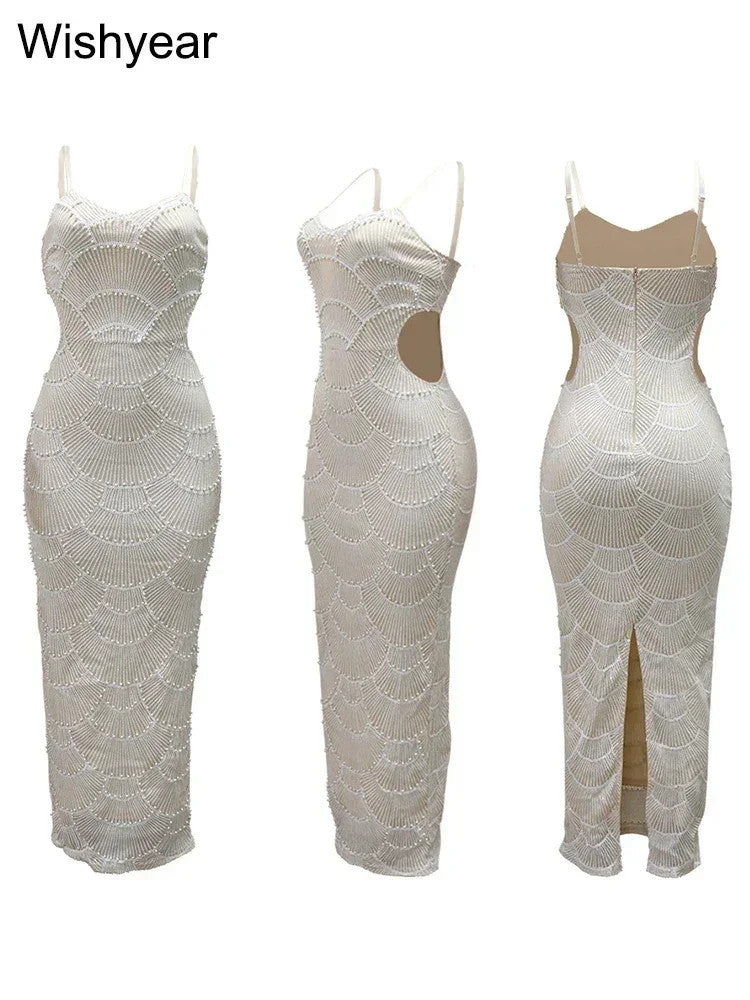 Sequin Hollow Out Spaghetti Strap Backless Mermaid Maxi Dress