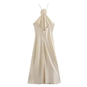 MUJER Flower Halter Backless Off Shoulder Satin Long Dress