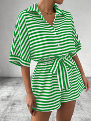 Tie Waist Half Button Striped Romper