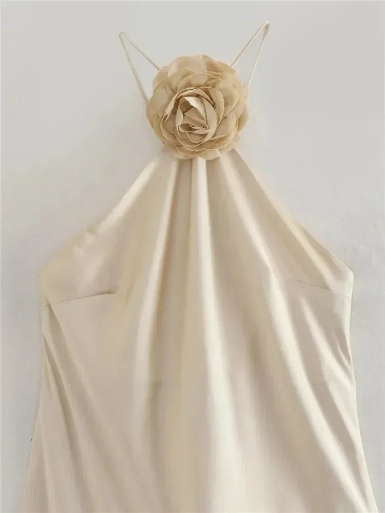 MUJER Flower Halter Backless Off Shoulder Satin Long Dress