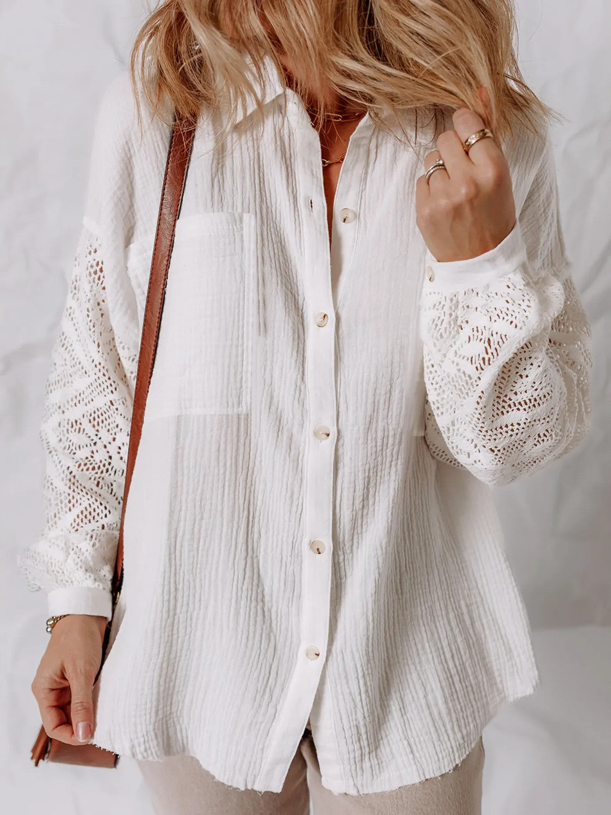 Lace Sleeve Button Down Shirt