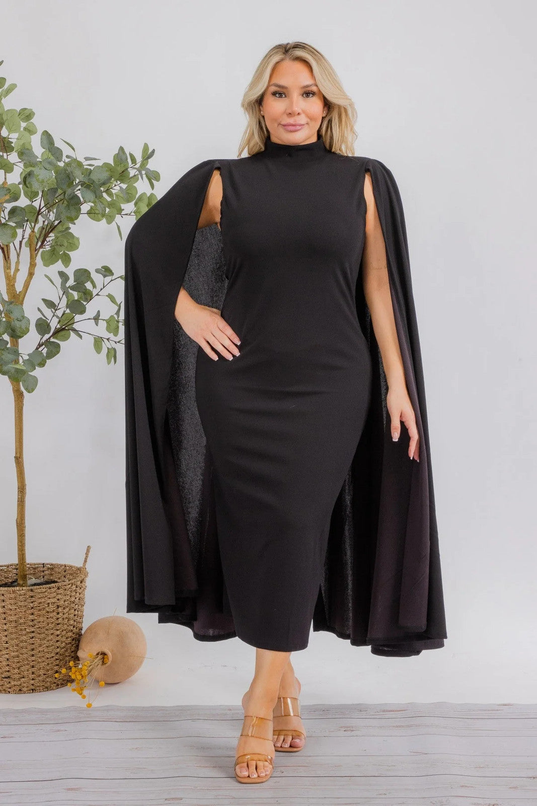 The Stella Cape Plus Size Midi Dress - Black