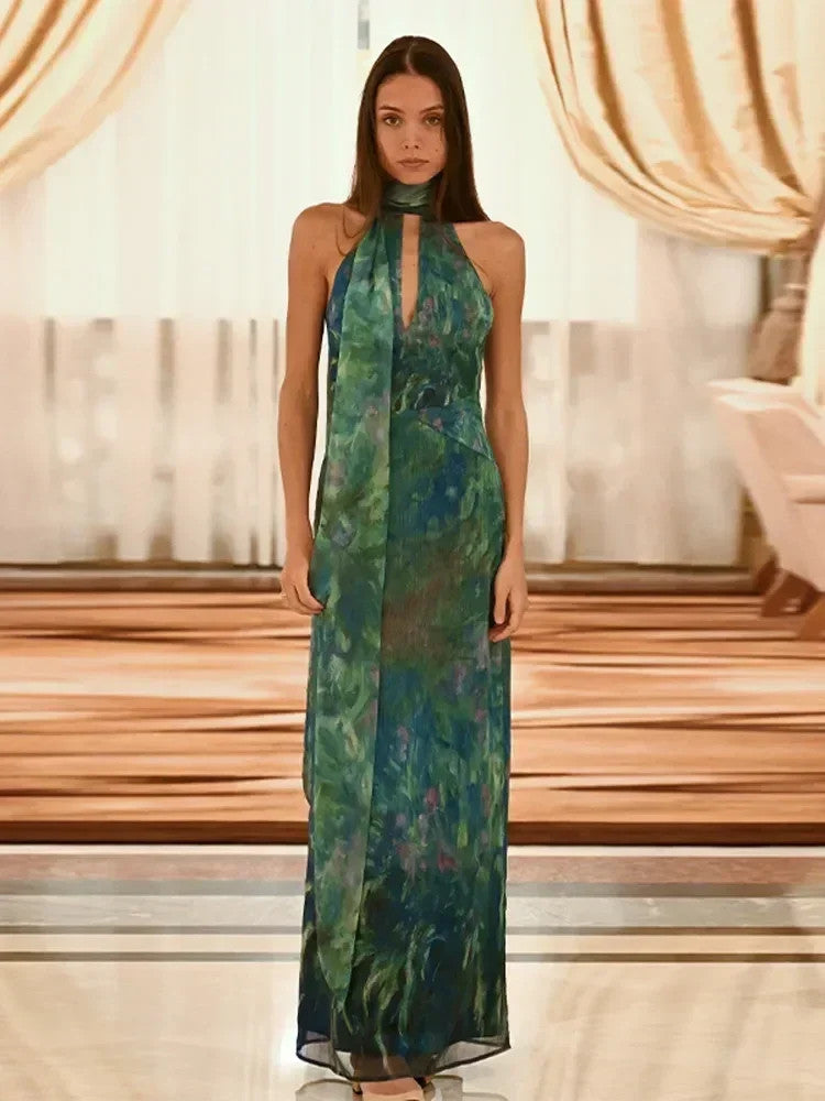 Maxi Dress Backless Sleeveless Lace Up Halter Dresses
