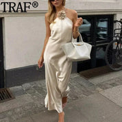 MUJER Flower Halter Backless Off Shoulder Satin Long Dress