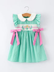 Spring Gingham Bow Ruffle Smocked Dress