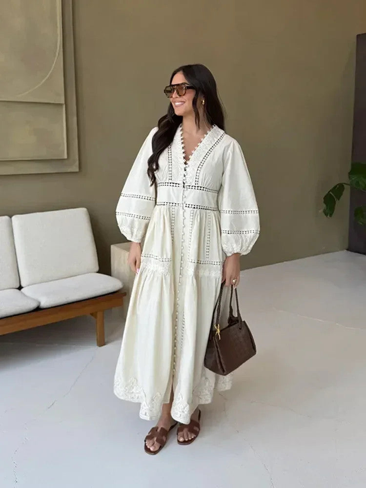 Lace Patchwork Hollow Out Long Lantern Sleeve Dress