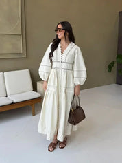 Lace Patchwork Hollow Out Long Lantern Sleeve Dress