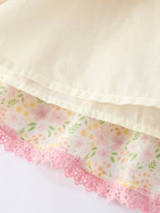 Spring Floral Girls Ruffle Dress With Bow Straw Hat Set