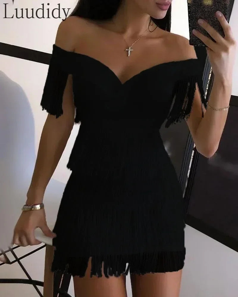 White Fringe Celebrity Runway Party Dress