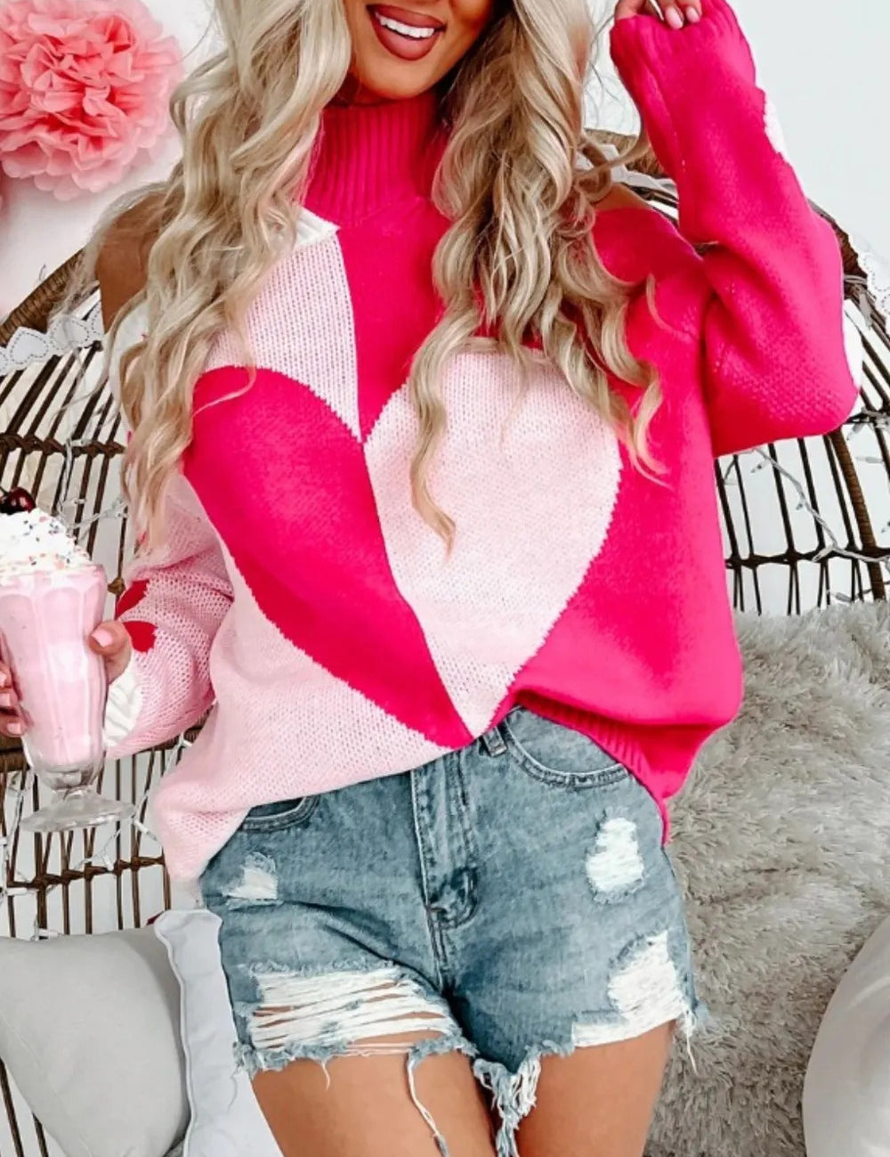 Valentine's Day Heart Turtleneck Cold Shoulder Sweater