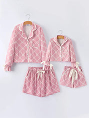 Mommy & me Autumn Check Bow Girls Lapel Pajamas