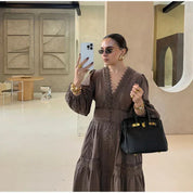 Lace Patchwork Hollow Out Long Lantern Sleeve Dress