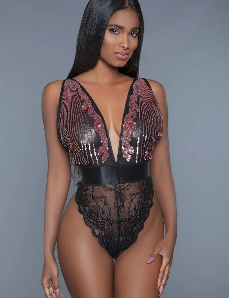 1 Pc. Cut-out Lace Bottoms With Raspberry-pink Sequins Plunging Sheer Neckline