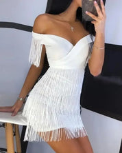 White Fringe Celebrity Runway Party Dress