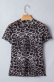 Leopard Print Sheer Mesh Short Sleeve Top