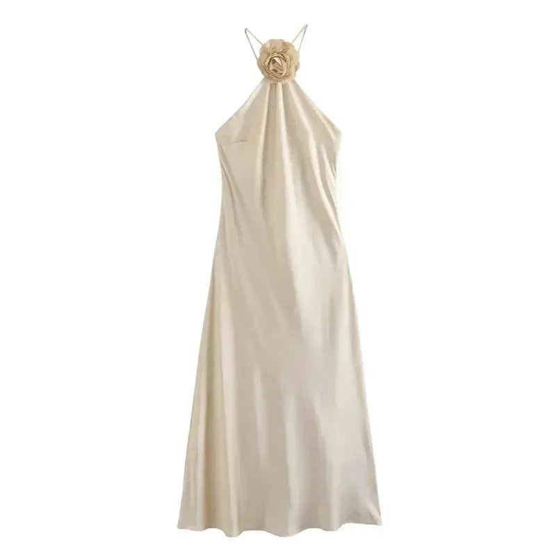 MUJER Flower Halter Backless Off Shoulder Satin Long Dress