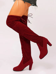 Chic Suede Over-The-Knee High Heel Boots with Tie Back