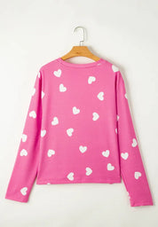 Heart Round Neck Long Sleeve Top and Elastic Waist Shorts Set