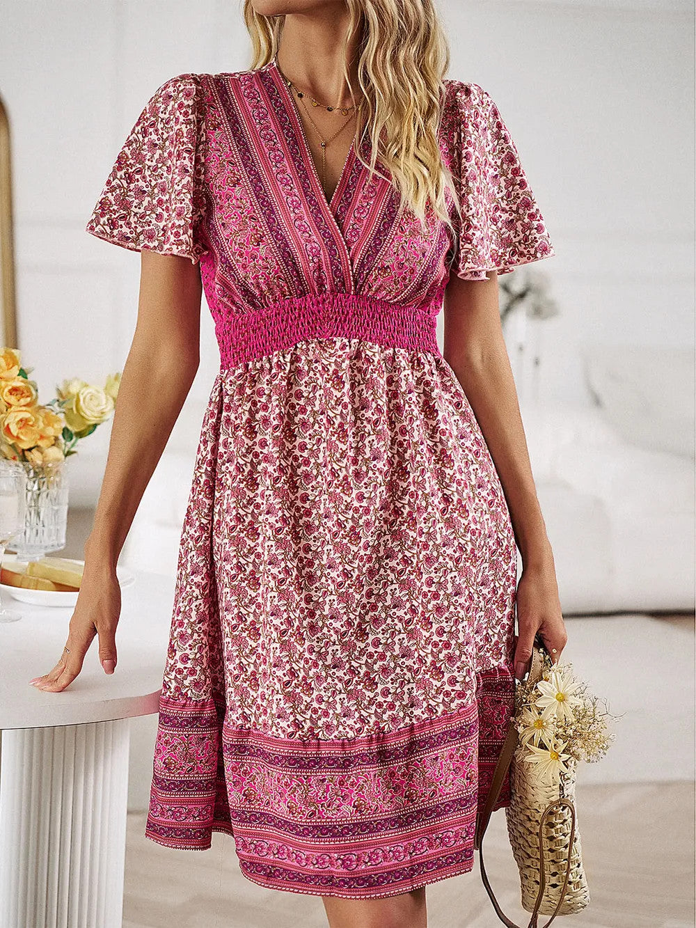 Devine Floral Smocked Waist Short Sleeve Mini Dress