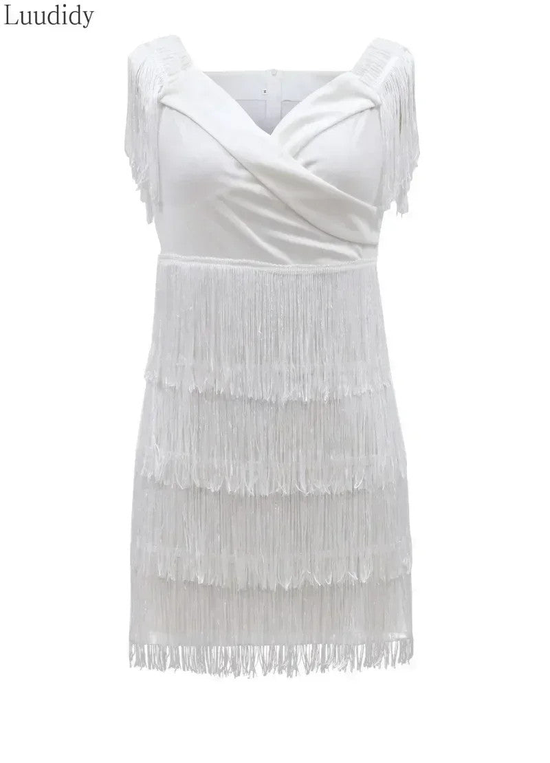 White Fringe Celebrity Runway Party Dress