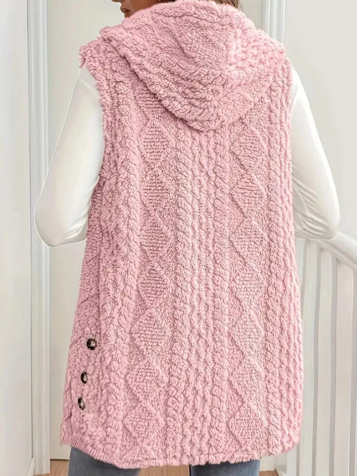 Button Up Plush Hooded Vest Coat