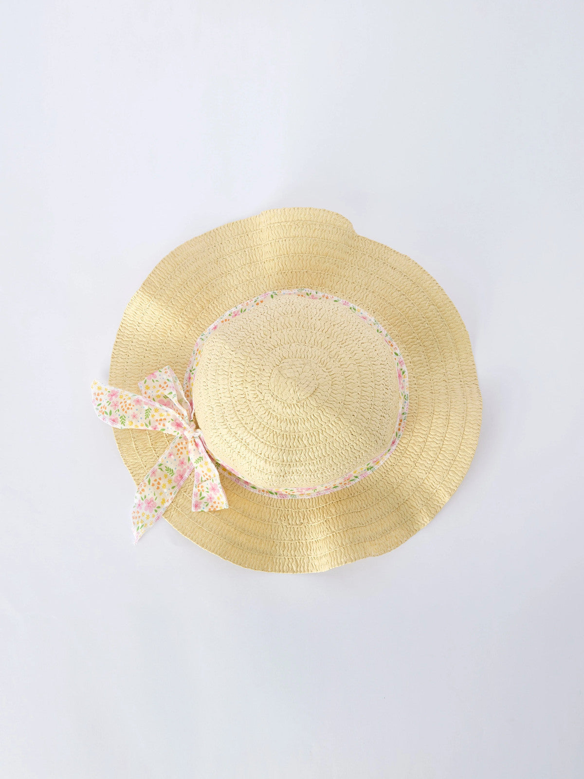 Spring Floral Girls Ruffle Dress With Bow Straw Hat Set