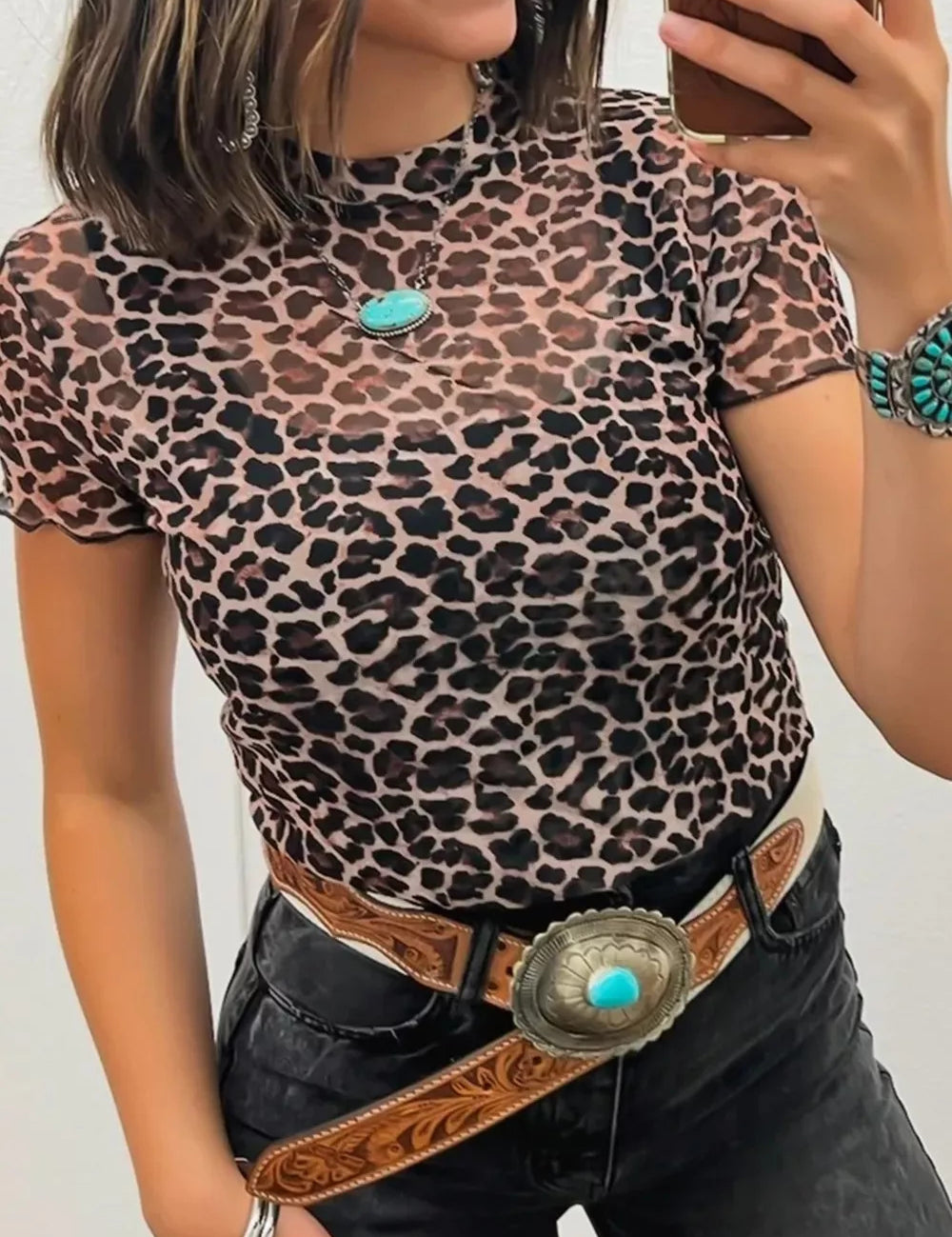 Leopard Print Sheer Mesh Short Sleeve Top