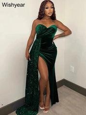 Wishyear Elegant Sparkly Bodycon Long Dress with Trail