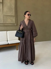 Lace Patchwork Hollow Out Long Lantern Sleeve Dress