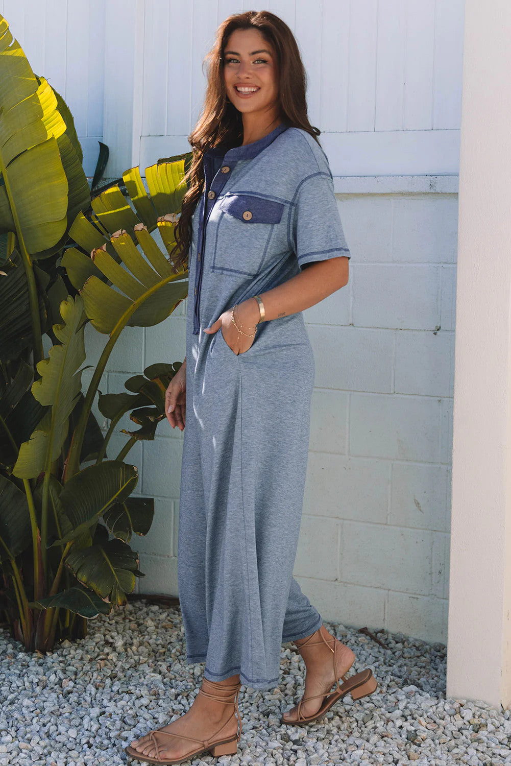 Emmie Half Placket Chest Pockets Wide Leg Jumpsuit