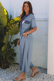 Emmie Half Placket Chest Pockets Wide Leg Jumpsuit