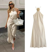 MUJER Flower Halter Backless Off Shoulder Satin Long Dress